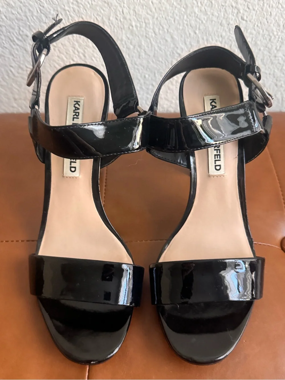 Karl Lagerfeld Paris Black Patent Strappy High Heel Sandals